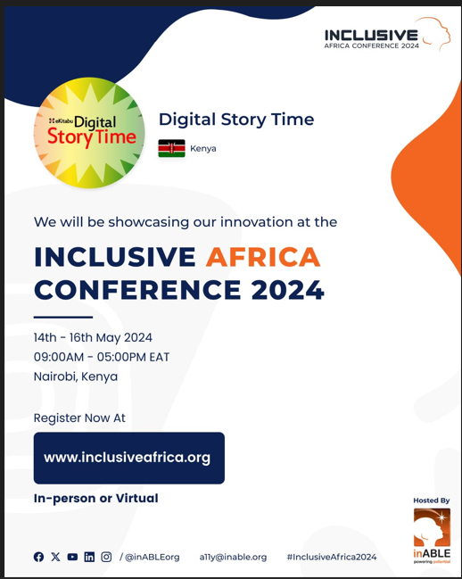 eKitabu will showcase Digital Story Time innovation at #InclusiveAfricaConference by @inABLEorg on May 14-16, 2024. Register now at: inclusiveafrica.org/?fbclid=IwZXh0… #InclusiveAfrica2024 #Inclusivity
