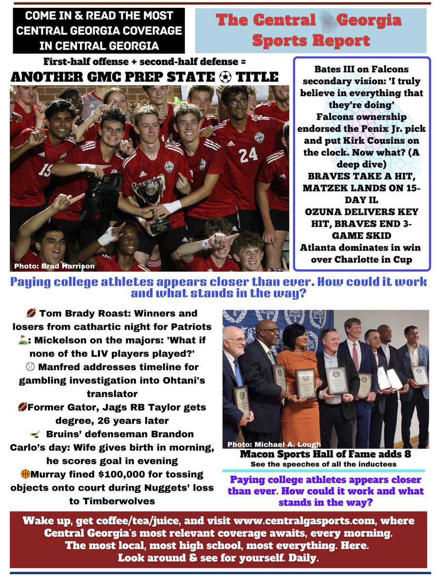 Relevance > convenience. Read, share &amp; inform others. The Central Georgia Sports Report, centralgasports.com.
Another state title for <a href="/gmc_soccer/">GMC Prep Boys Soccer</a>; ⚽ playoffs
Macon Sports Hall of Fame; <a href="/MercerBaseball/">Mercer Baseball</a> 
Braves, Falcons, United, &amp; all the relevant national stuff. Come on in.