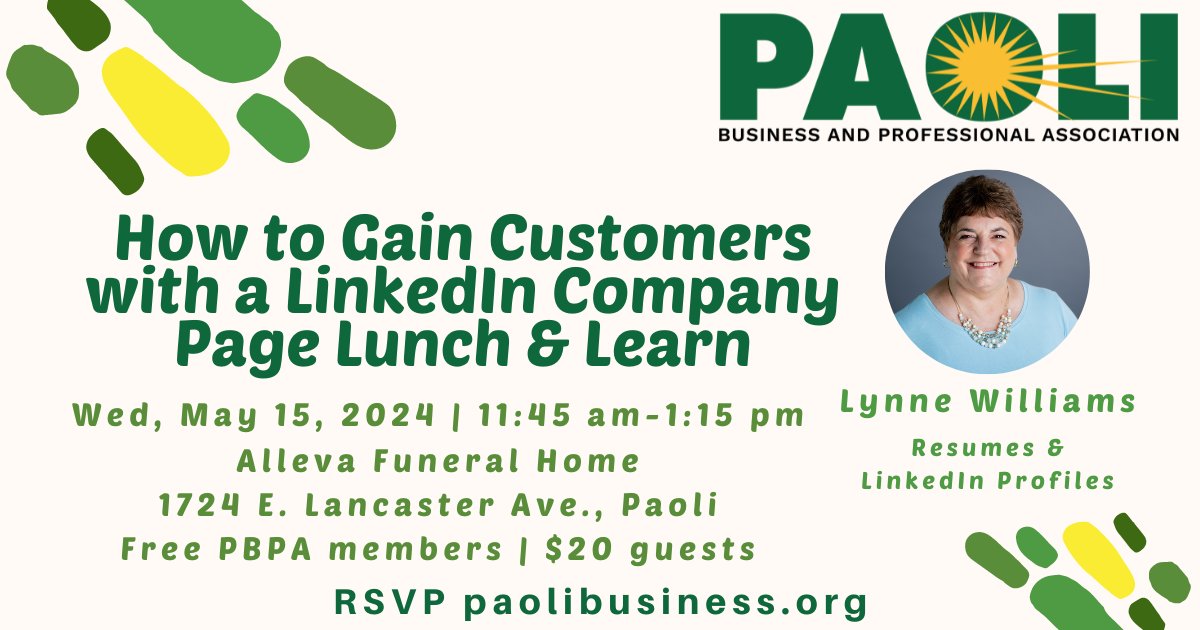 Join us for Lunch & Learn session with Lynne Williams hosted by the Paoli Business & Professional Association.

Wed 5.15 | 11:45 AM - 1:15 PM ET

Register: Email director@greatcareersphl.org 

➡️ Follow #GreatCareersPHL

#LinkedInMarketing #BusinessGrowth #PaoliEvents