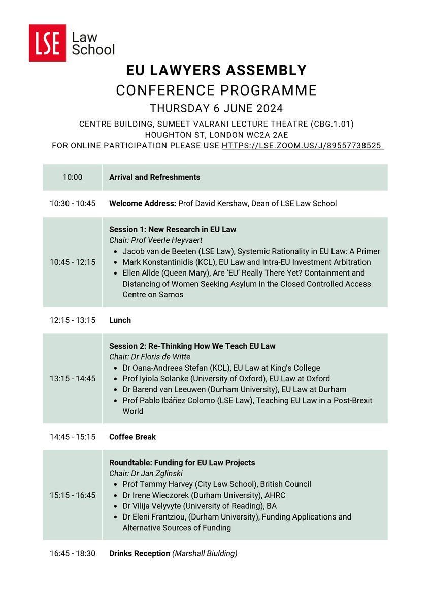 Are you a 🇬🇧-based scholar working on 🇪🇺 law? @LSELaw will host the next EU Lawyers Assembly on 6 June. Join a stellar line up of speakers to discuss new developments in research, teaching and funding. Attendance is free. Everybody welcome (in person or online). Programme 👇