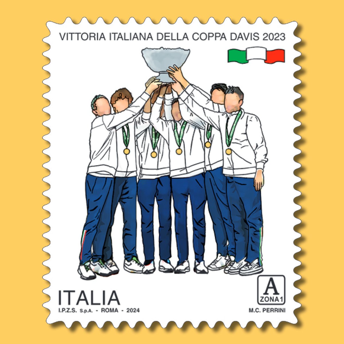 #Filatelia #francobollo dedicato alla vittoria italiana della #CoppaDavis 2023. Nella vignetta, la squadra italiana maschile di #tennis nell’atto di alzare il trofeo della competizione mondiale. @mimit_gov @IPZS