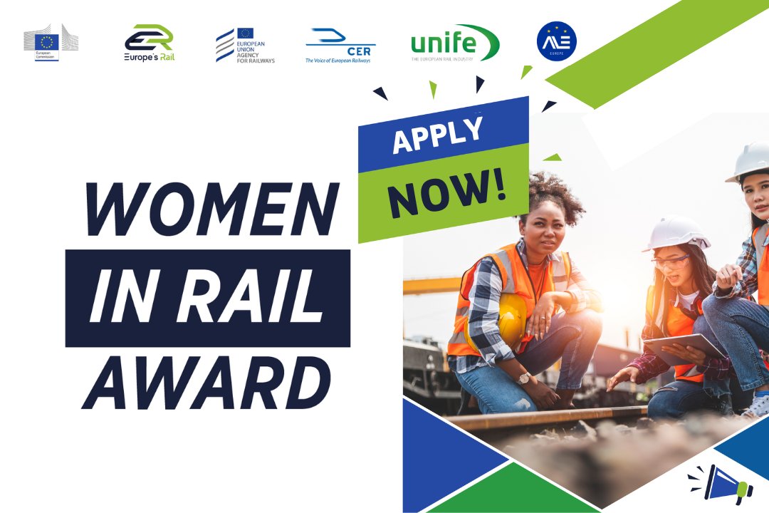 🏆 #WomenInRail Awards 2024 for 3 categories:   

▶️Women Empowerment  
▶️Leadership and Mentoring
▶️R&I in Railway  

🗓️The call for applications is open to individuals, companies and organisations. Deadline: 31.05.2024.

More👉 europa.eu/!7wbjnm

#WomenInTransport