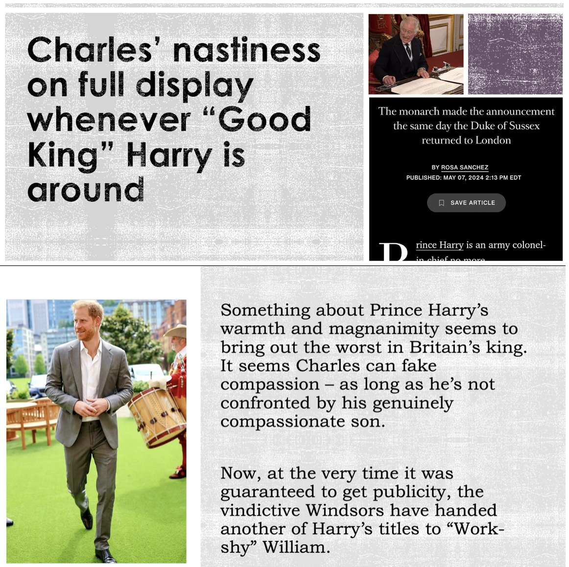 Prince Harry's father keeps living down to his #KingCharlesTheCruel nick-name.

#GoodKingHarry #PrinceHarry #PrinceHarryandMeghan #Invictus #RoyalFamily #ThatFamily #KingCharles #ServiceIsUniversal 

Time for 'sick' royals to stop their twisted games
unpacked4.wordpress.com/2024/05/06/its…