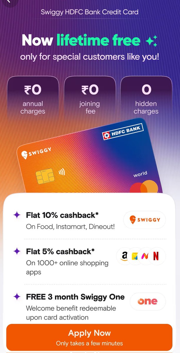 🍕 Swiggy Card - Lifetime free! Received the offer on @Swiggy app! ❌ Won't be applying though! Did you receive the LTF offer? PS: I hold Marriot & Tata Neu cards already from HDFC!