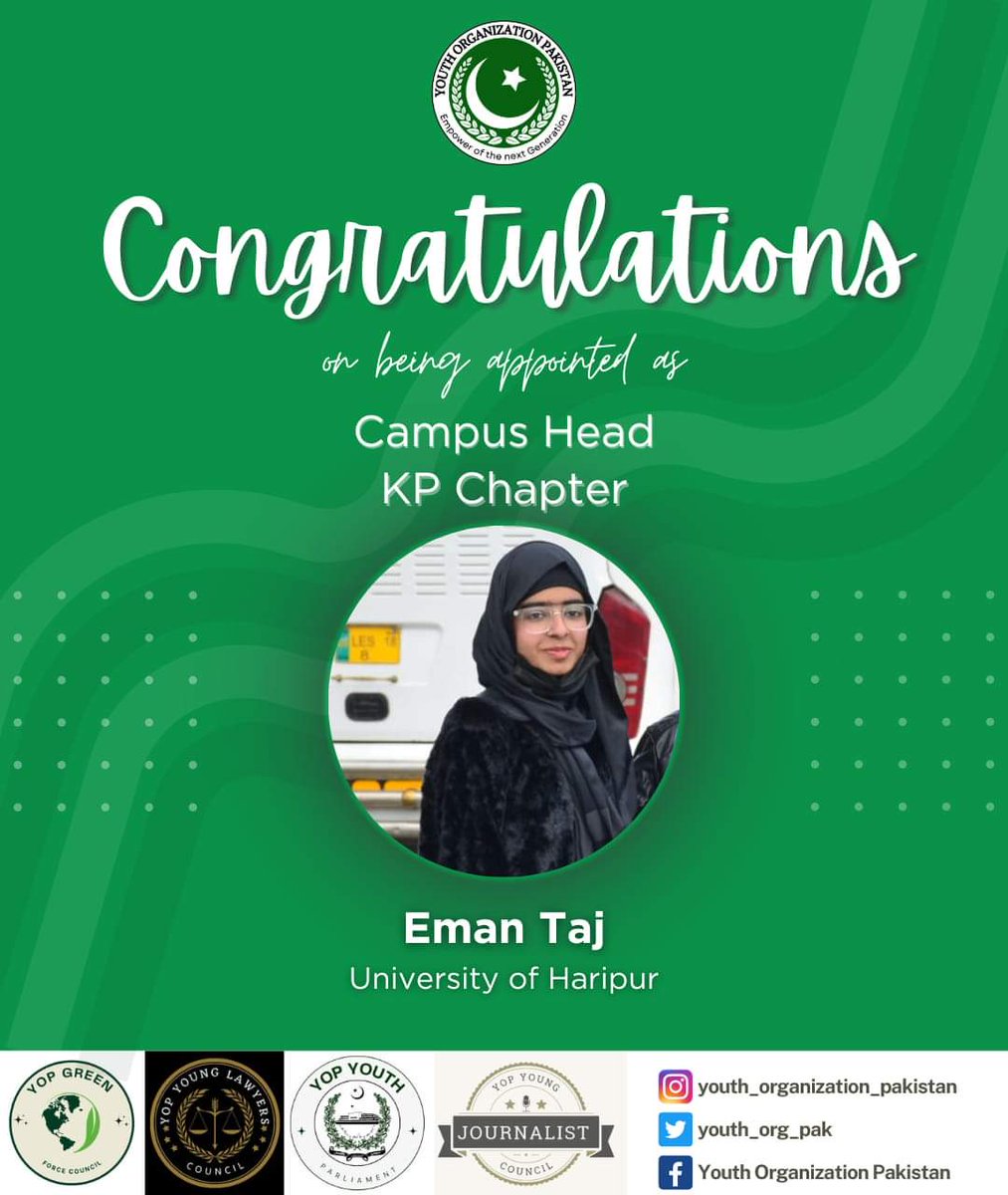 Congratulations Eman Taj  on being appointed as Campus head university of Haripur YOP KP chapter 
#YOP #KP #youngleaders #youthempowerment #welcome #Congratulations