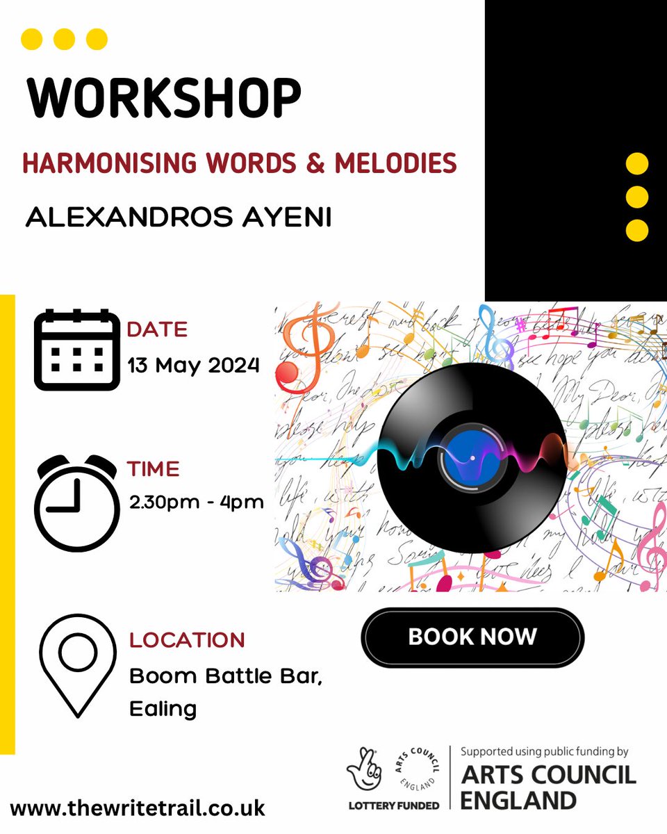 DAY 1 of our schedule during #MentalHealthAwarenessWeek
See⬇️ 

📅 13 May 2024
⏰ 2.30PM - 4PM
📍 Boom Battle Bar #Ealing 
🎫Ticketed

thewritetrail.co.uk 
 
#ACESupported #London #LetsCreate #CreativeHealth #write #words #music #WritingCommunity #writers #MentalHealthWeek