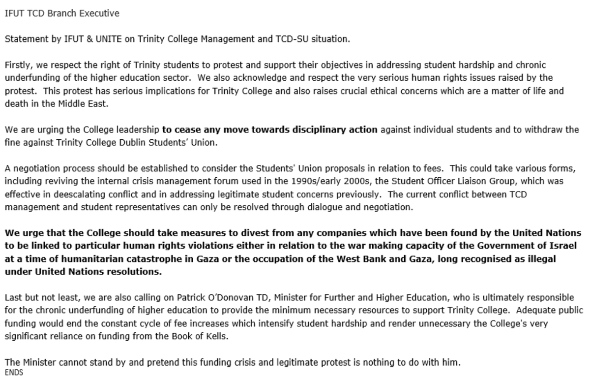 📢 The IFUT TCD Branch issued a joint statement with UNITE regarding the ongoing situation at Trinity College. They call for dialogue over punitive measures against students. @tcdsu @tcddublin @UniteunionROI @irishcongress 👇Full statement below. #Solidarity #HigherEdFunding