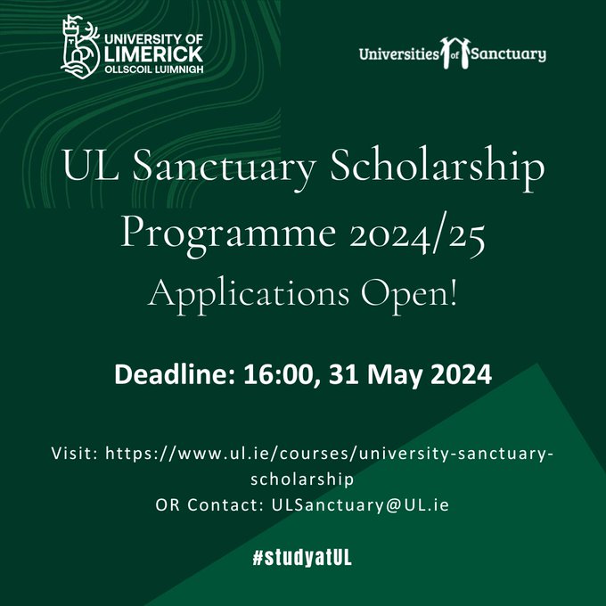 The UL Sanctuary Programme supports and promotes access to education for refugees & asylum seekers in Ireland

Applications are now open to for the 2024/25 academic year

Apply online here: ul.ie/courses/univer…

Deadline: 4pm, 31st May 2024
#StudyatUL