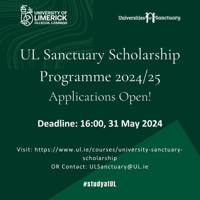 UL's tweet image. The UL Sanctuary Programme supports and promotes access to education for refugees &amp;amp; asylum seekers in Ireland

Applications are now open to for the 2024/25 academic year

Apply online here: ul.ie/courses/univer…

Deadline: 4pm, 31st May 2024
#StudyatUL