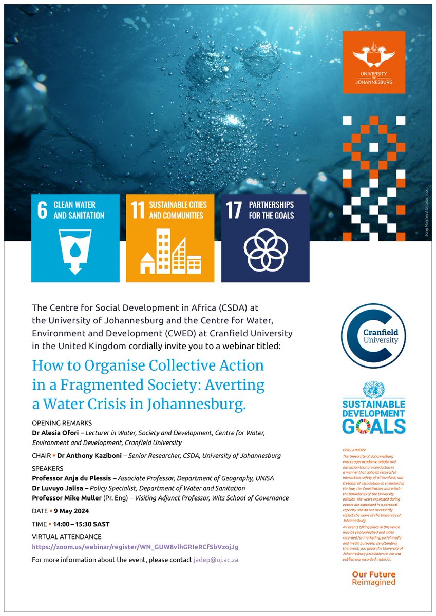UJ's Centre for Social Development in Africa (CSDA) and Cranfield's Centre for Water and Environmental Development (CWED) will hold a webinar, 'How to Organise Collective Action in a Fragmented Society: Averting a Water Crisis in Johannesburg.' Prof Anja du Plessis (UNISA), Dr…