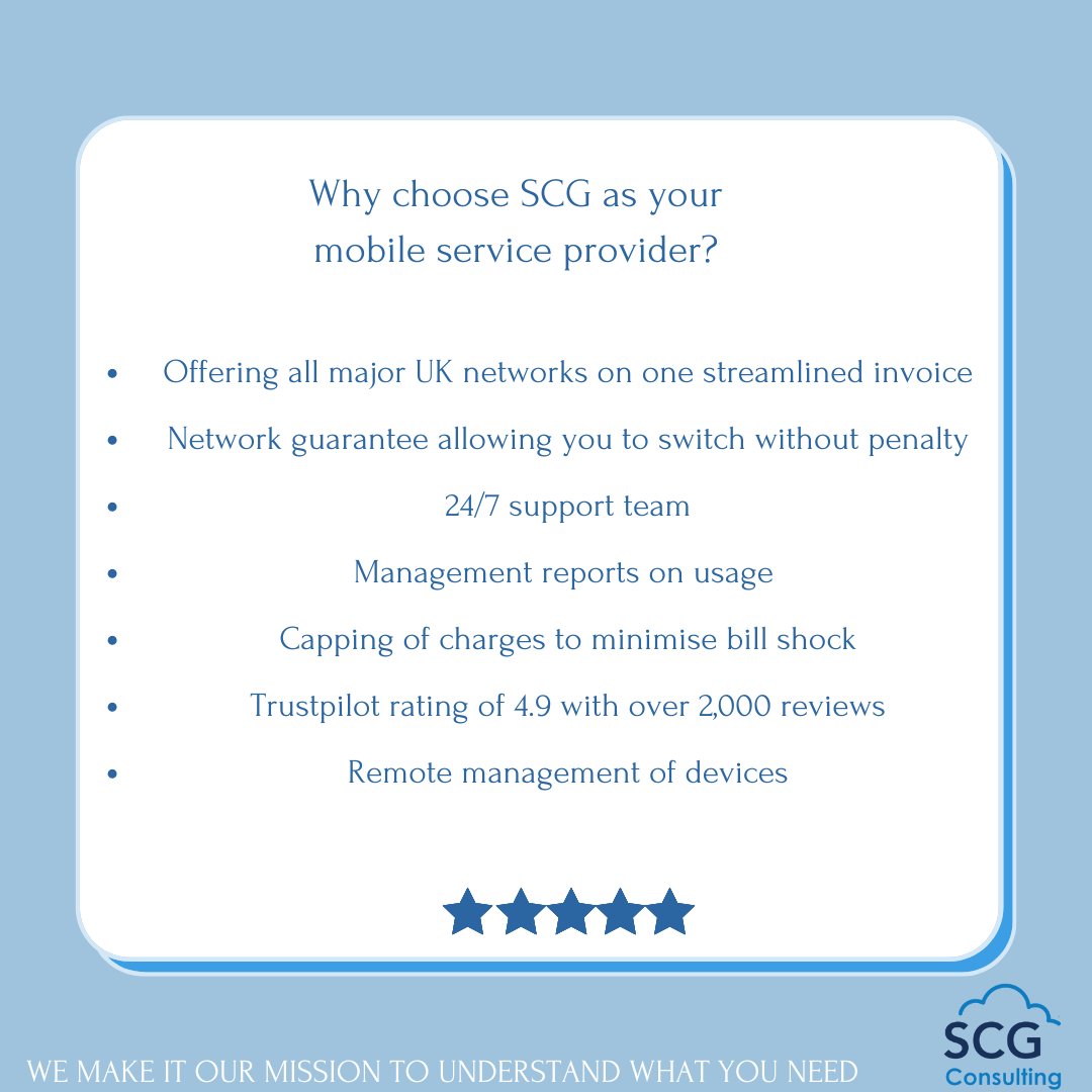 Why choose SCG as your mobile service provider? You need to have a service provider you can trust and connectivity you can rely on. With a 4.9 Trustpilot rating our reviews speak for themselves📷.
#mobilemay #serviceprovider #telecoms #scgconsulting