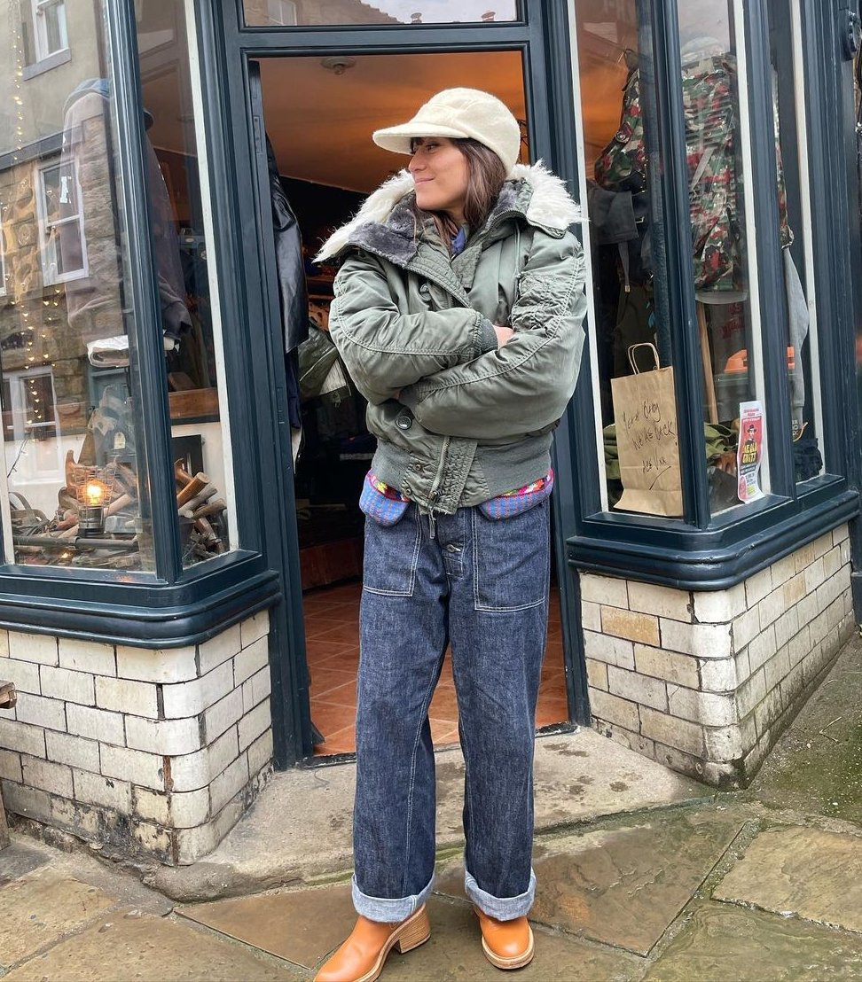 A lot of my style inspiration nowadays comes from seeing how women dress. I love the way Nigel Cabourn designer Emilie Casiez wears workwear: big, rounded bombers, long overcoats, wide-legged pants, roper boots, etc. So good. IG emiliecsz