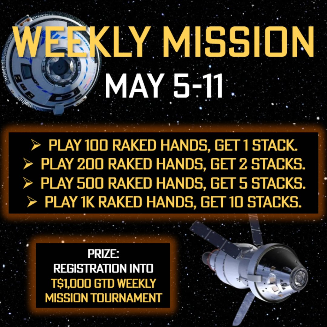 Join the Weekly Mission! 🛸 This week is all about Cash Games - complete the Mission & be registered into Sunday's T$1,000 GTD event! 🚀 The more Raked Cash Game Hands you play, the bigger your stack will be: up to 100,000 starting chips! 💰 #poker #pokerplayer #pokergame
