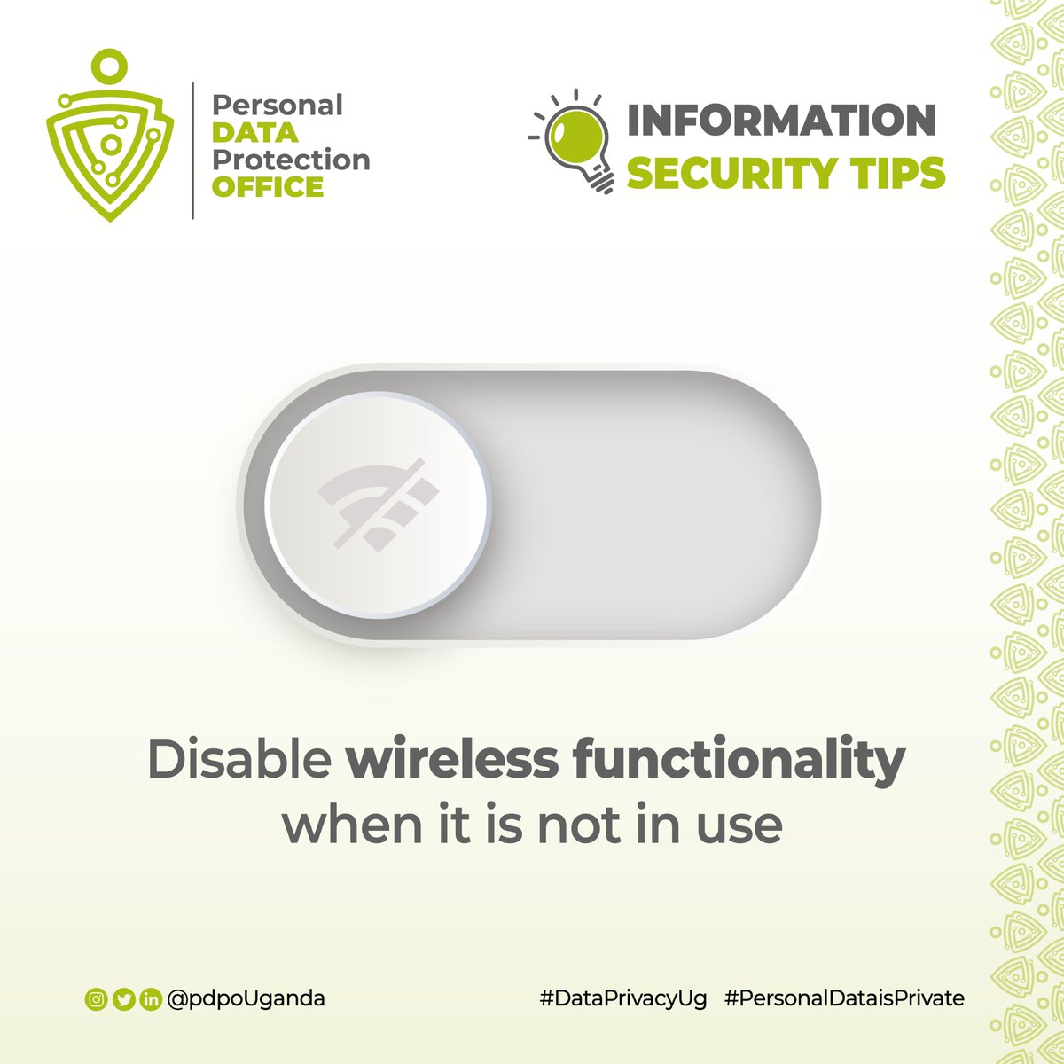 Protect your personal data by disabling wireless functionality when not in use. It's a simple step to safeguard your privacy and prevent unauthorized access. #PersonalDataisPrivate #DataPrivacyUG