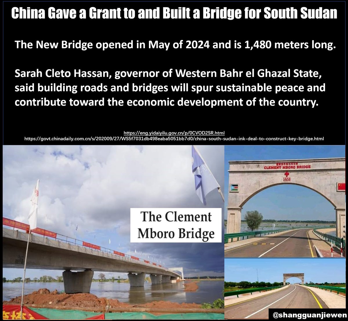 The recently finished Jur River Bridge, also known as the Clement Mboro Bridge, was handed over to the South Sudanese government by the Chinese embassy on Monday.

The bridge was fully paid for and built by China as a gift for South Sudan.

#Africa #Sudan #BeltandRoad