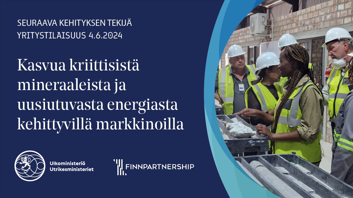 Kaivos- ja energia-alan toimija, oletko seuraava kehityksen tekijä? 

Tule kuulemaan mahdollisuuksista Afrikan markkinoilla ja tarjolla olevasta tuesta <a href="/Ulkoministerio/">MFA Finland 🇫🇮</a>’n ja <a href="/Finnpartnership/">Finnpartnership</a>’in tilaisuuteen 4.6.

Ilmoittaudu: lyyti.fi/reg/Seuraava_k… 

#SeuraavaKehityksenTekijä