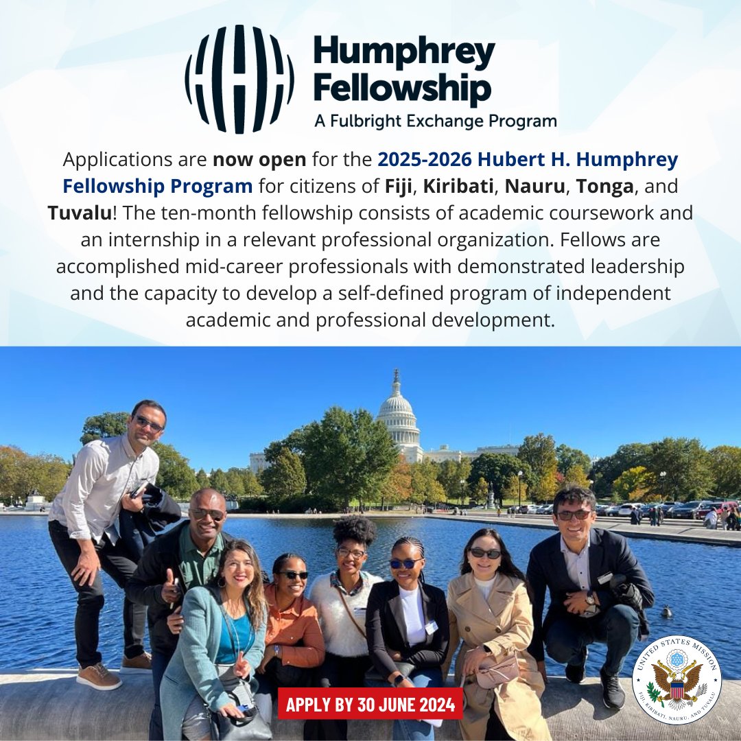 🌟 Exciting news for professionals in Fiji, Kiribati, Nauru, Tonga, and Tuvalu! Applications for the 2025-2026 @HumphreyProgram are now open until June 30. Elevate your career with this prestigious fellowship. Read more and apply: ow.ly/gI7p50Ry7L0