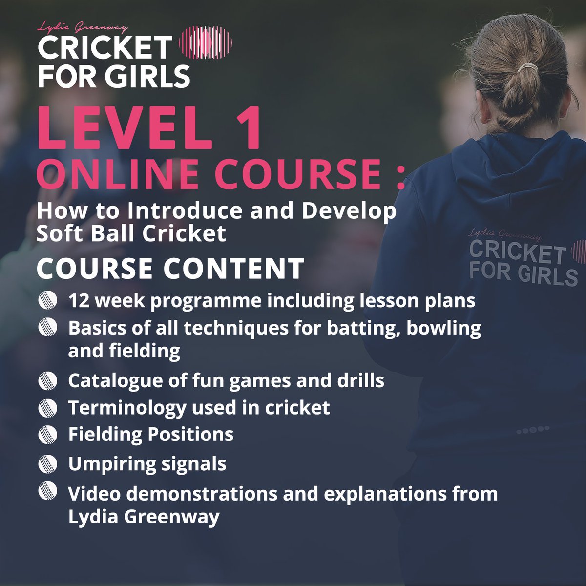 🏏 Discover Cricket for Girls Level 1 Online Course! 🌟 🚀 Key Features: ✅ Instant Access 📚 Learn at Your Pace 👩‍🏫 Perfect for Beginners 🎯 Lydia Greenway's Expertise 🌐 Enroll today and kickstart your cricket coaching journey cricketforgirls.com/collections/on…