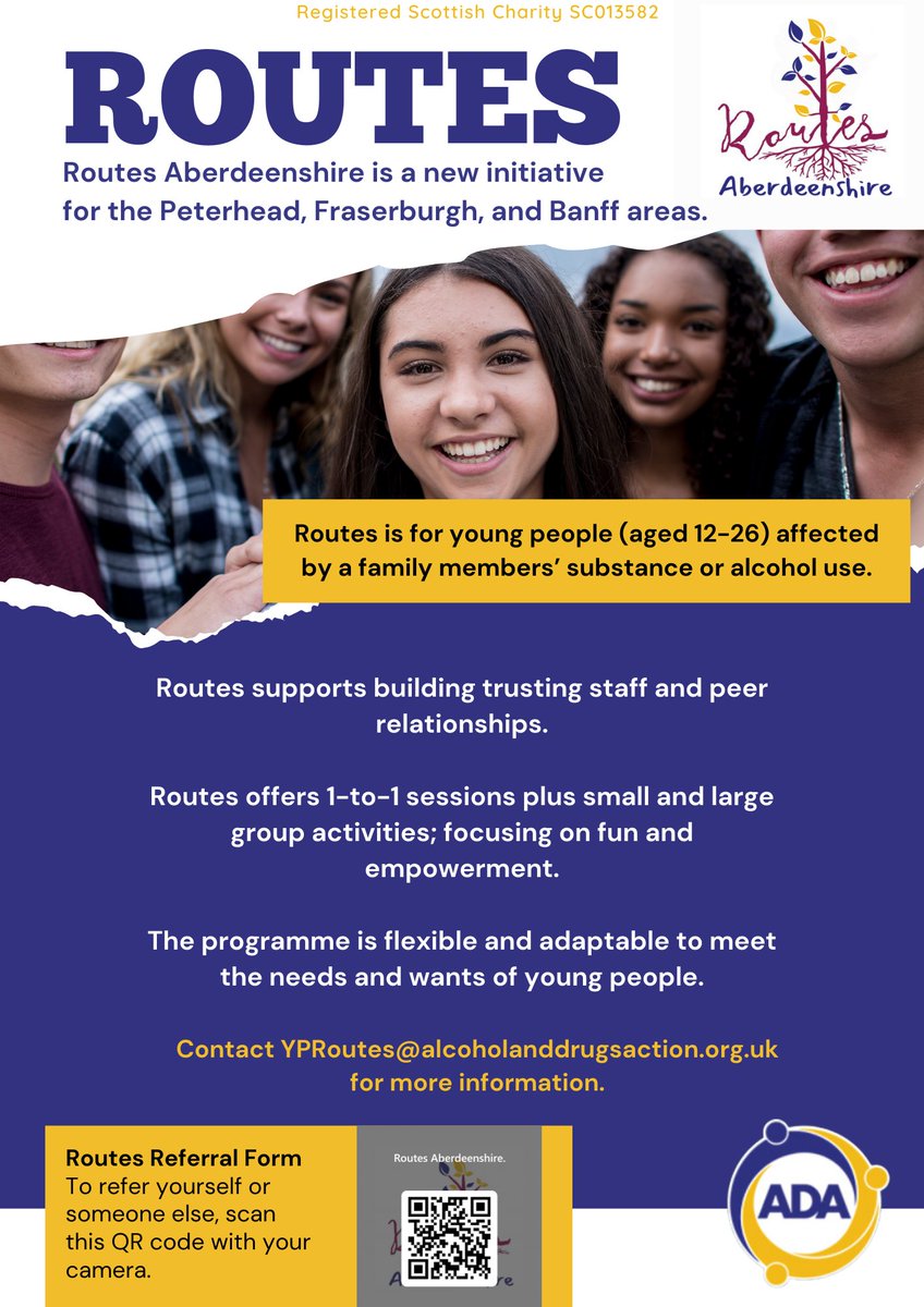 Are you, or do you know, a young person affected by a family members' substance or alcohol use? There are still a few spaces available on this supportive programme. #support #recovery #youngpeople #aberdeenshire #family #families #routes