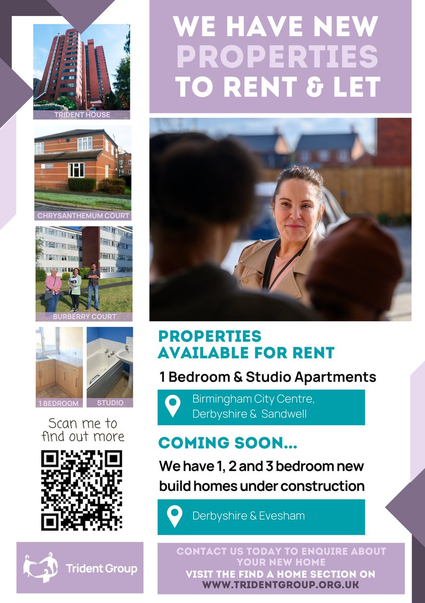 We have new properties to let! 📣 One bedroom and studio apartments now available in Birmingham, Sandwell and Derbyshire. 🏙 Ask about available properties on our website today. shout🗣 tridentgroup.org.uk/find-a-home/ho…