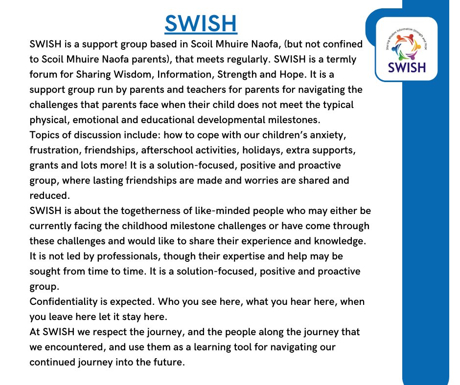 📢All parents of school-going children are invited to attend the next S.W.I.S.H. meeting of this school year which takes place on
📅Thursday, 16th May at 12.00 noon in the new school building in Scoil Mhuire Naofa primary school.
#Carrigtwohill #FamilyResourceIRL
