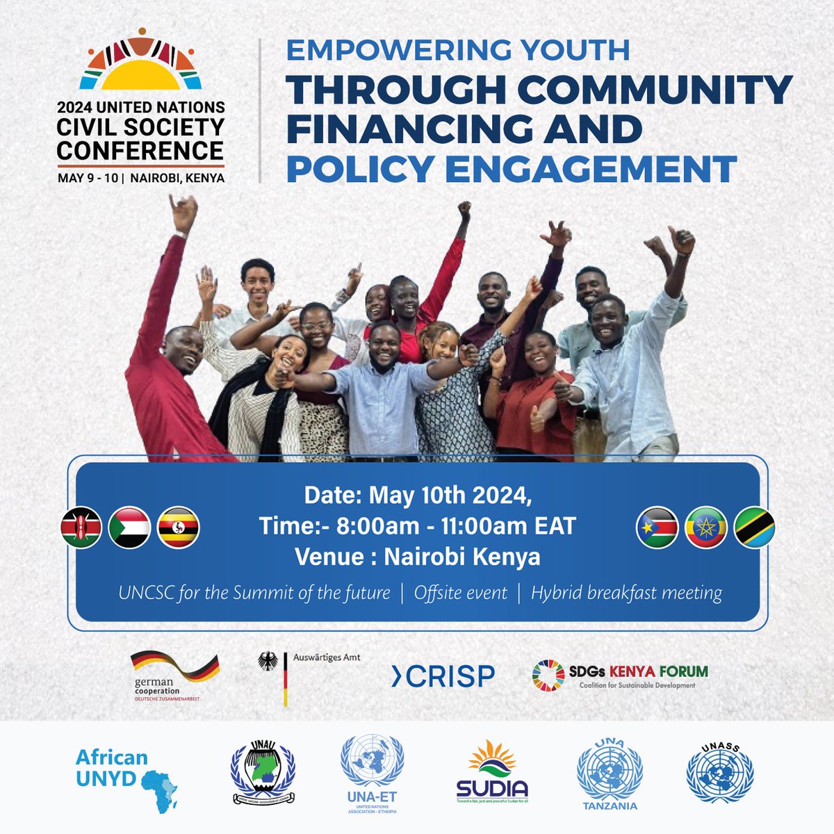 Attending the 2024 UN Civil Society Conference in Nairobi this week? 

Don't miss this event on community financing and policy engagement for Youth 
@UNAUGANDA @UNATanzania @UNAFinland @sdgs_ug @AUNYD_2023 @SDGsKenyaForum 

#Youth4SDGs
#SummitForTheFuture
#Ug3rdVNR2024