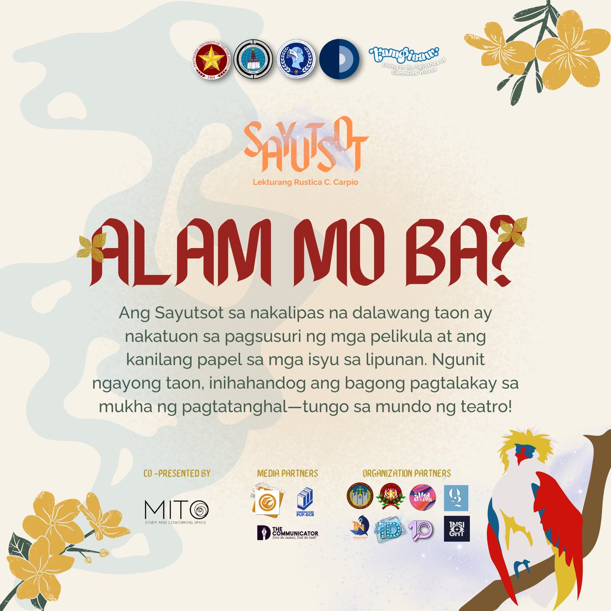 COREPUP's tweet photo. Alam mo ba?

Ang Sayutsot ay isang inisyatibo ng PUP Department of Communication Research na naglalayong payabungin ang kamalayan sa pananaliksik sa pamamagitan ng mga serye ng lektura na tumatalakay sa midya, sining, komunikasyon, at kulturang Pilipino. https://t.co/K7aU08l1vW
