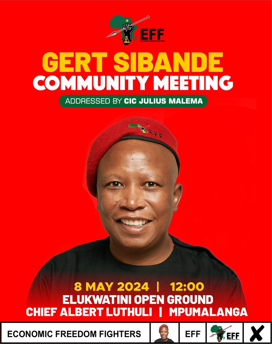 ♦️Happening Today♦️ President @Julius_S_Malema will address the Gert Sibande Community Meeting today. The emphasis on NOW is informed by the fact that 30 years is a rather long time for any political party to keep making empty promises. #EFFCommunityMeetings