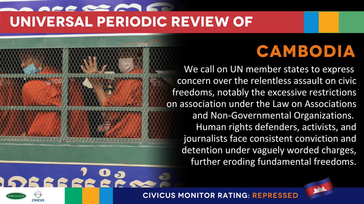 🇰🇭 #Cambodia’s human rights record will be examined today at @UN_HRC. Our joint submission with @forum_asia highlights worrying restrictions on civic freedoms, from stifling associations to suppressing protests. Read more: web.civicus.org/UPR46Cambodia