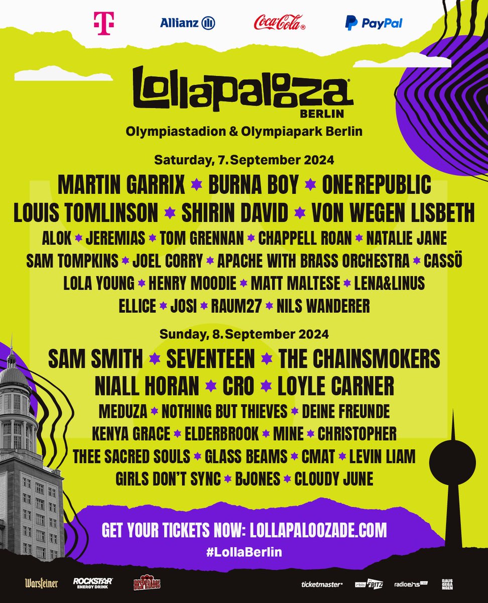 Berlin! See you at @lollapaloozade on Saturday September 7th ✌️ #LollaBerlin 🎟️ lollapaloozade.com