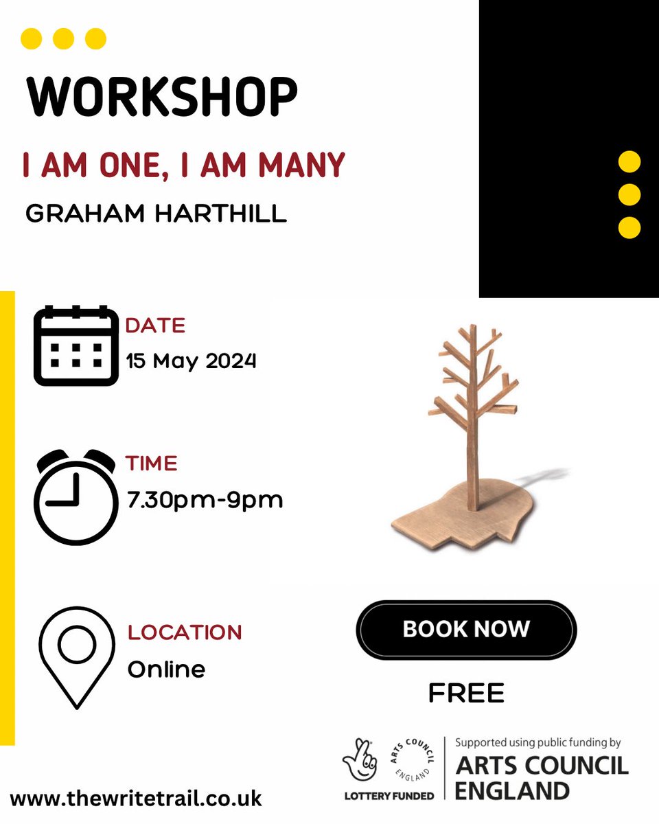 DAY 3 of our schedule during #MentalHealthAwarenessWeek
See ⬇️ 

📅 15 May 2024
⏰ 7.30PM - 9PM
📍 Online (a few places remaining) 
🎫 Ticketed+free

thewritetrail.co.uk 
 
#ACESupported #London #LetsCreate #CreativeHealth #MentalHealthWeek #writing #WritingCommunity #poetry