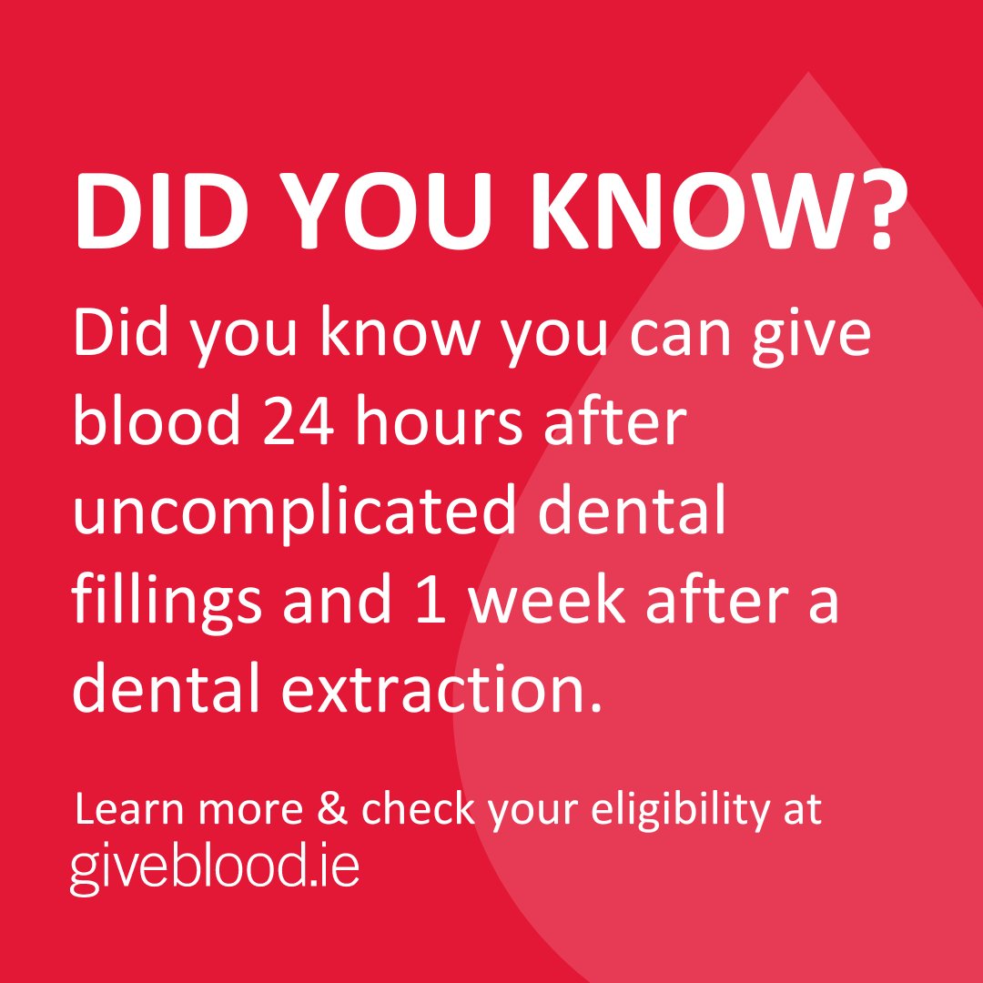 Some dental work can delay your next blood donation. Please check our FAQs to learn more! giveblood.ie/can-i-give-blo… #giveblood #WeCountOnYou