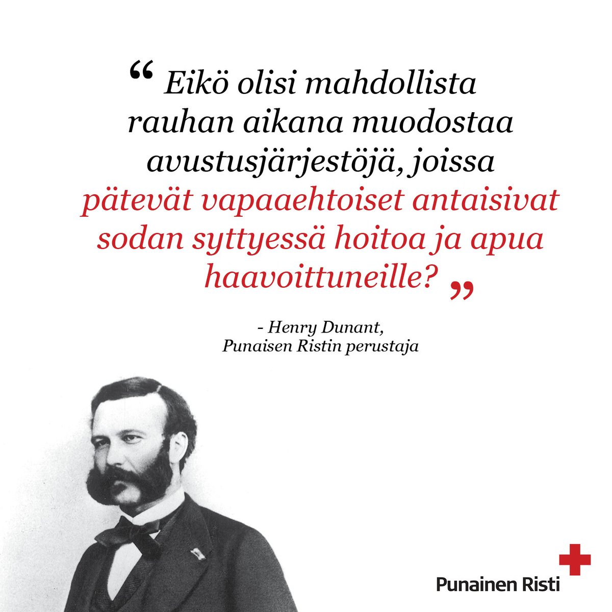 Tiedätkö, miksi Punainen Risti perustettiin❓ Vaikka työmme on laajentunut valtavasti Henry Dunant'n ajoista, vapaaehtoiset ovat yhä sankareitamme ❤ Millainen auttaja sinä haluaisit olla? Tutustu mahdollisuuksiin: punainenristi.fi/vapaaehtoiseksi #PunaisenRistinViikko #vapaaehtoisuus