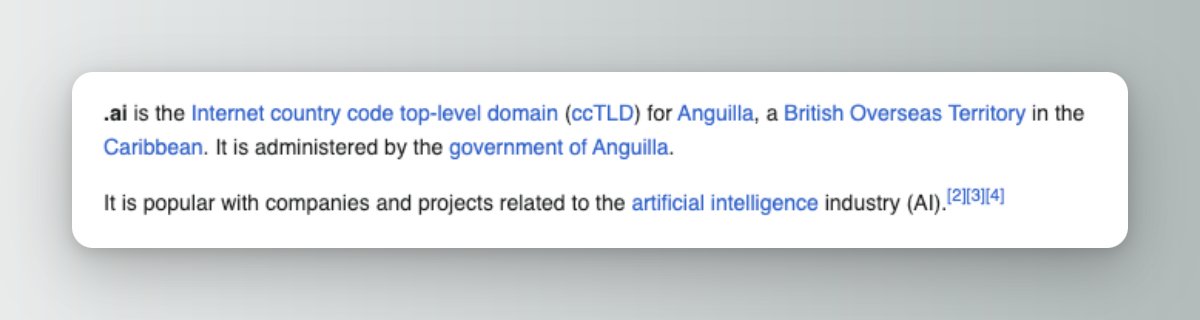 Do you know that the domain '.ai' doesn't stand for artificial intelligence but for Anguilla, an island in the Caribbean?

Shame for all AI startups 🙈

#buildinpublic