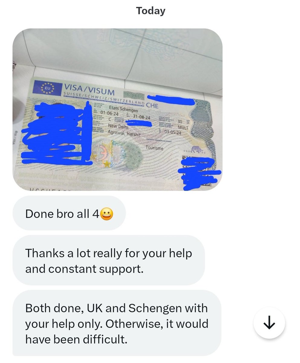 Another day, another happy visa applicant. Profile:- young guy, student with retired parents who have a pension income. All of them applied first for UK and then Switzerland (Uk+eu trip) Processing time:- Mere 48 hours that too in peak application period. I have always said…