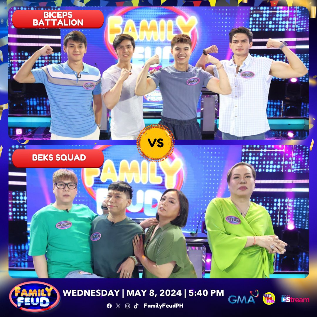 Flexing their hotness this summer are THE BICEPS BATTALION: Dustin Yu, Vince Crisostomo, Paul Salas, and Bruce Roeland. While flexing their witty banters are THE BEKS SQUAD: MC Muah, Lassy, Miss Ohw, and Tetay! #FamilyFeudPH | May 8, 2024 #FeudHunksVSComedians #BestTimeEver