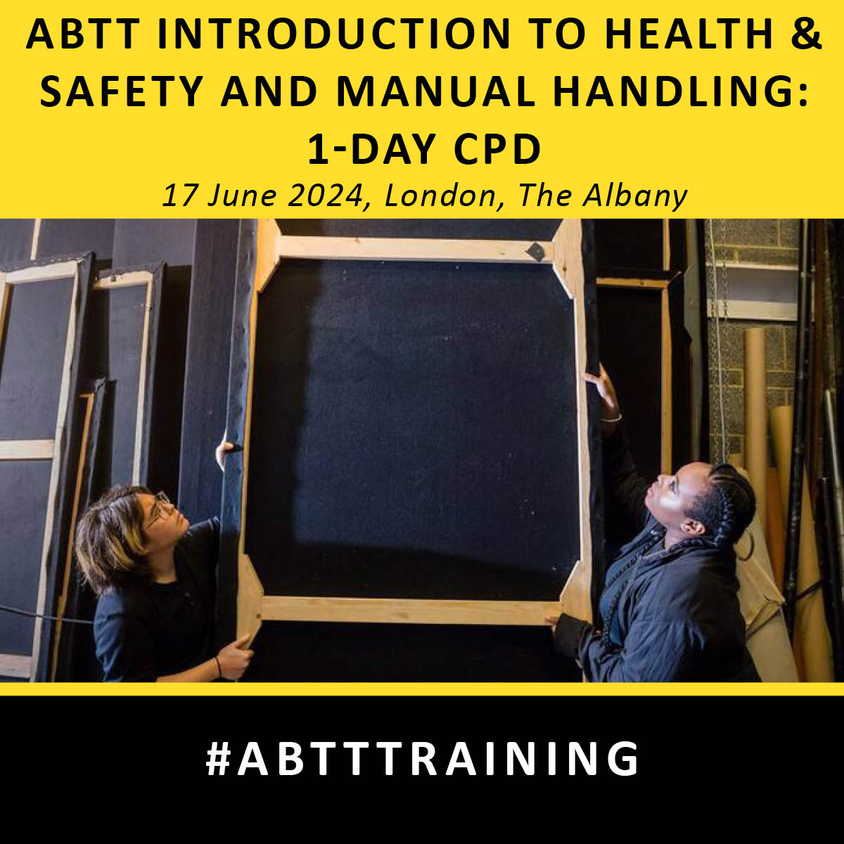 ONE-DAY CPD COURSE NOW BOOKING: ABTT Introduction to Health & Safety and Manual Handling. London, The Albany, 17 June 2024.

Covering manual handling, musculoskeletal injuries, injuries, and Codes of Conduct for Fit-ups & Get-Outs.

Book: abtt.org.uk/events/one-day…

#ABTTTraining