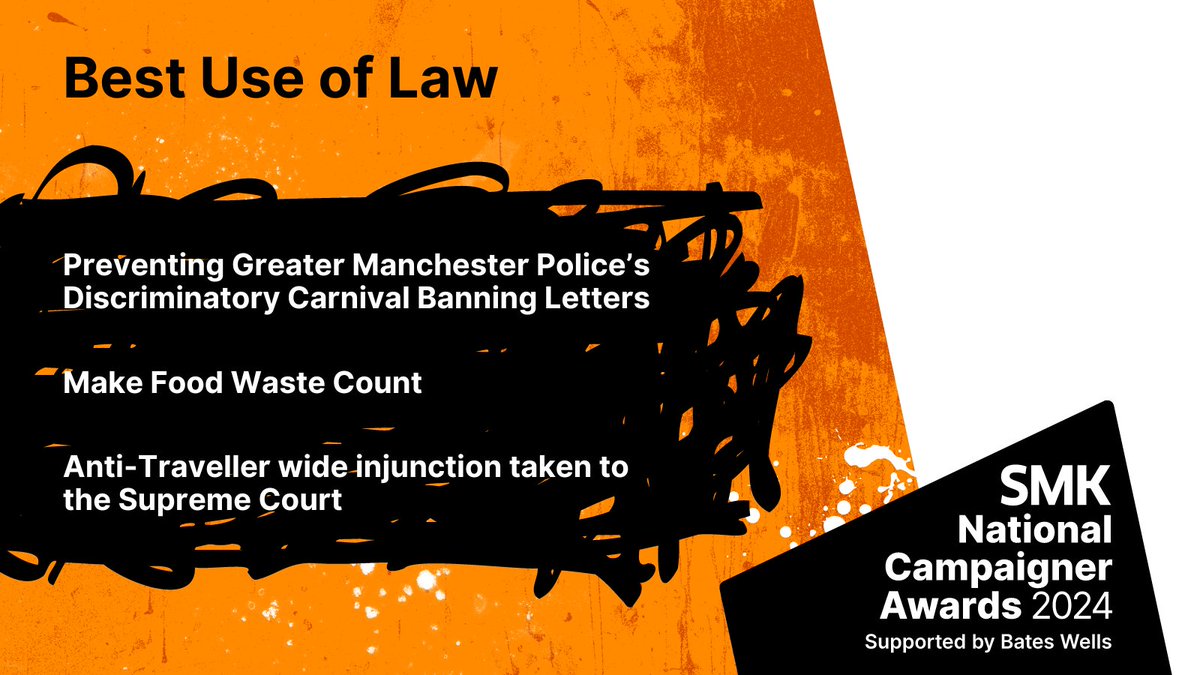 We're delighted to announce the shortlist for Best Use of Law. Congrats to @GypsyTravellers @kidsofcolourhq @feedbackorg! smk.org.uk/what-we-do/awa… Winner will be announced on 15 MAY. #LoveCampaigning #SMKAwards2024
