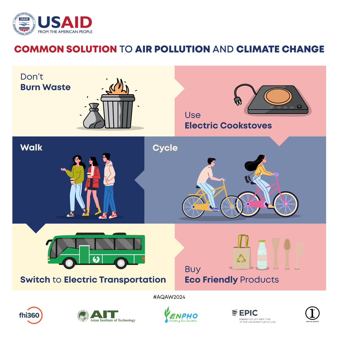 Addressing #AirPollution also has climate co-benefits. Here are some simple solutions that we can all adopt to reduce both air pollution and our #CarbonFootprint.

Follow @USAIDCleanAir for more tips to curb air pollution. 

#HawaKoKuraGarau #AQAW2024 @USAID