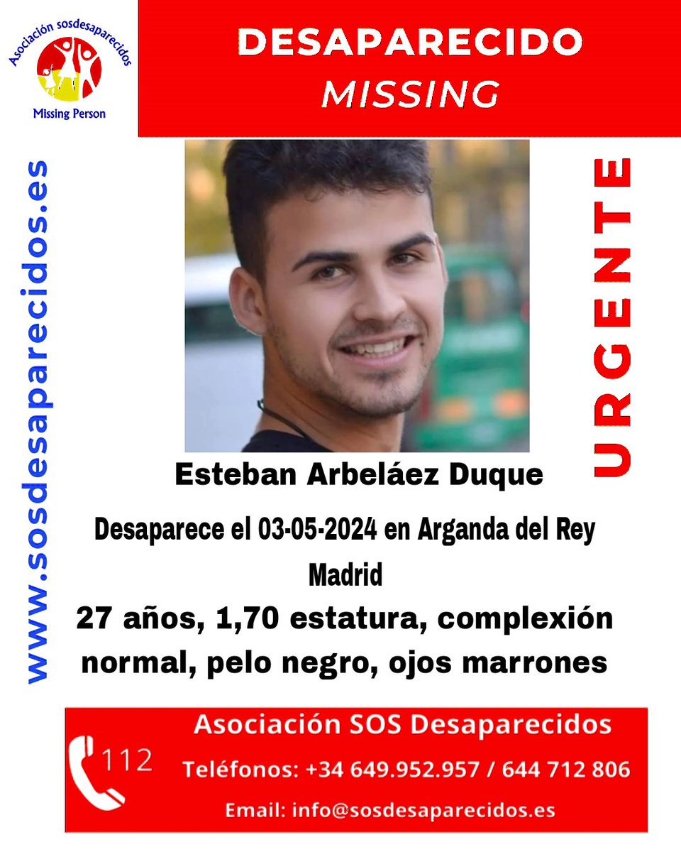 🆘 DESAPARECIDO
#desaparecido #sosdesaparecidos #Missing #España #ArgandadelRey #Madrid
Síguenos @sosdesaparecido