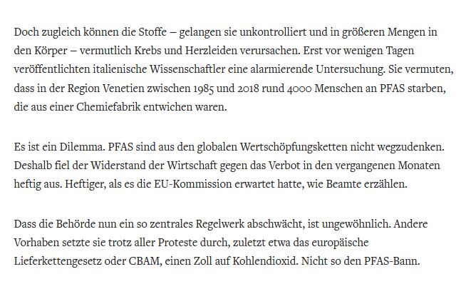 Das sind so Schweinereien, die keiner mitbekommt: Die EU-Kommission zieht den Plan, PFAS zu verbieten zurück, um die Industrie zu schonen. PFAS sind gefährlich (u.a. krebserregend), extrem langlebig und reichern sich in Organismen bis hin zum Menschen an. welt.de/wirtschaft/plu…