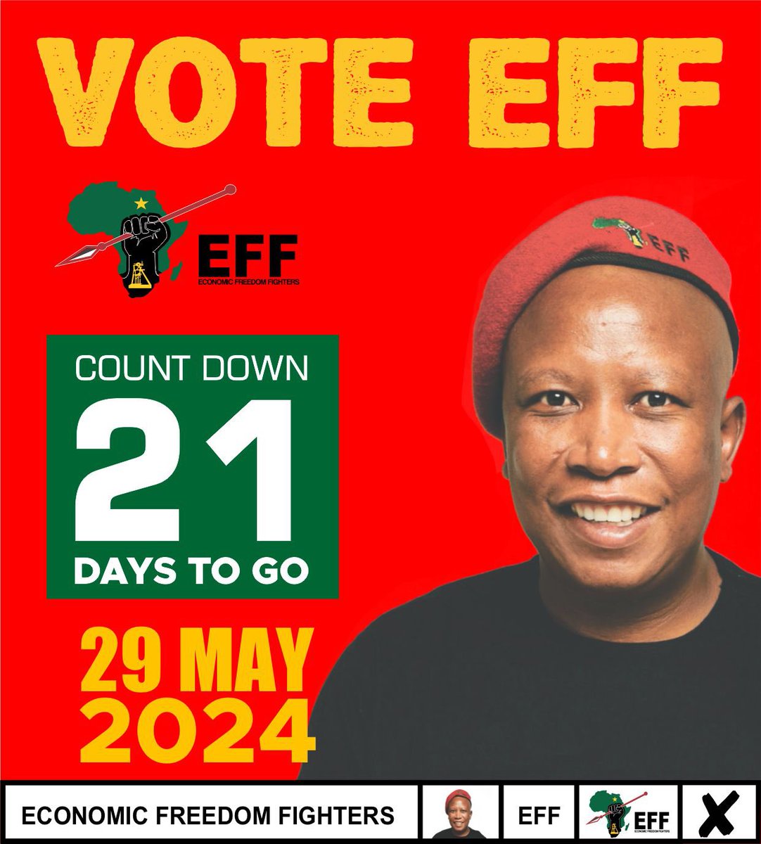 ♦️21 Days To Go♦️ The main focus of the EFF Manifesto is one on land because, our people are landless, its jobs, its stopping loadshedding, but more importantly, it’s the ability to dynamically utilise South Africa’s fiscal resources. #VukaVelaVotaEFF
