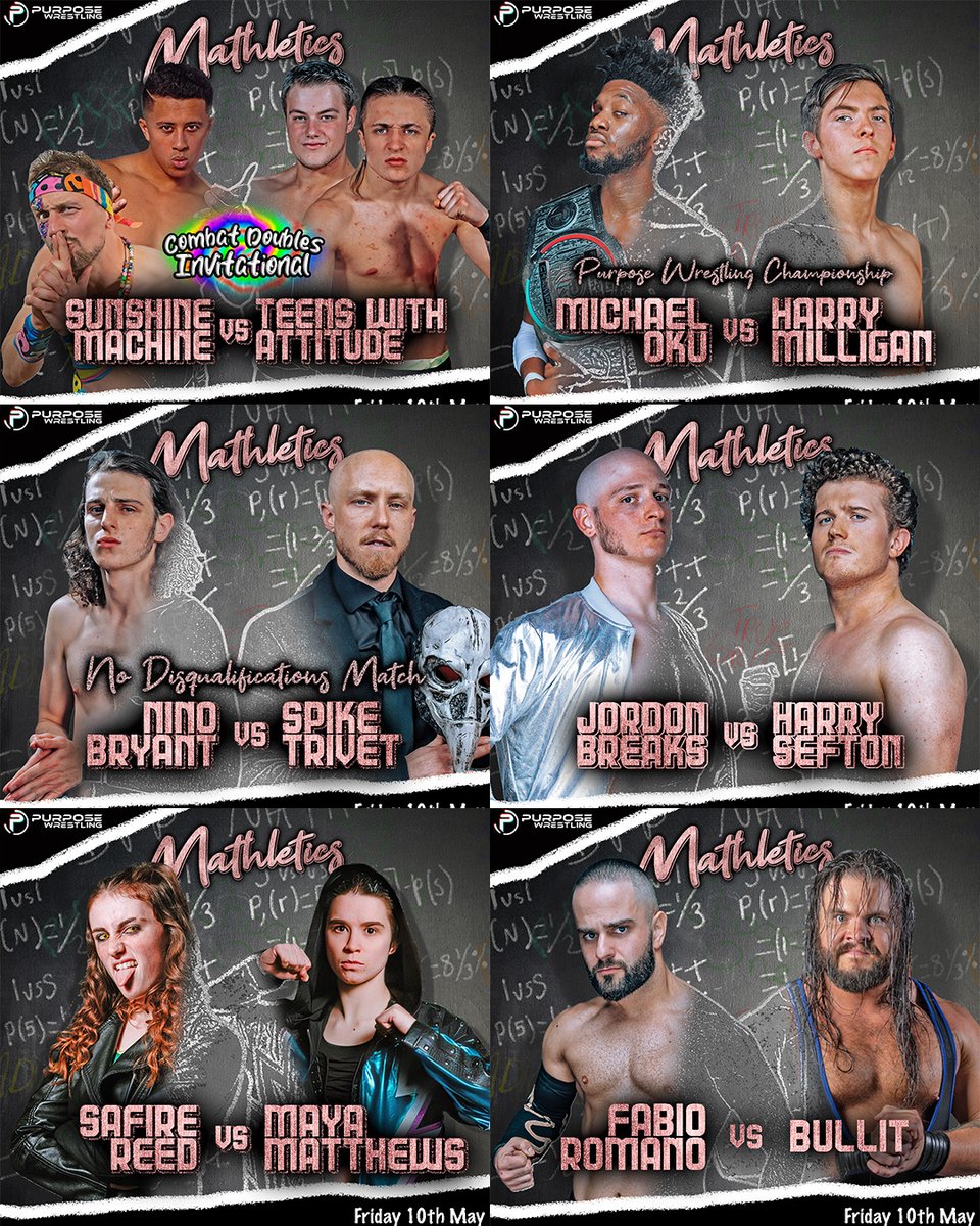 This Friday! Purpose returns to Wimbledon Library with Mathletics! 🏆 SM vs. TWA in the CDI finals! ⭐️ Oku defends against Milligan 💥 Nino vs. Spike in a no-DQ match And much more! 📍 @MertonArtsSpace, London Tickets going fast! Get yours now: 🎟 purposewrestling.com/mathletics