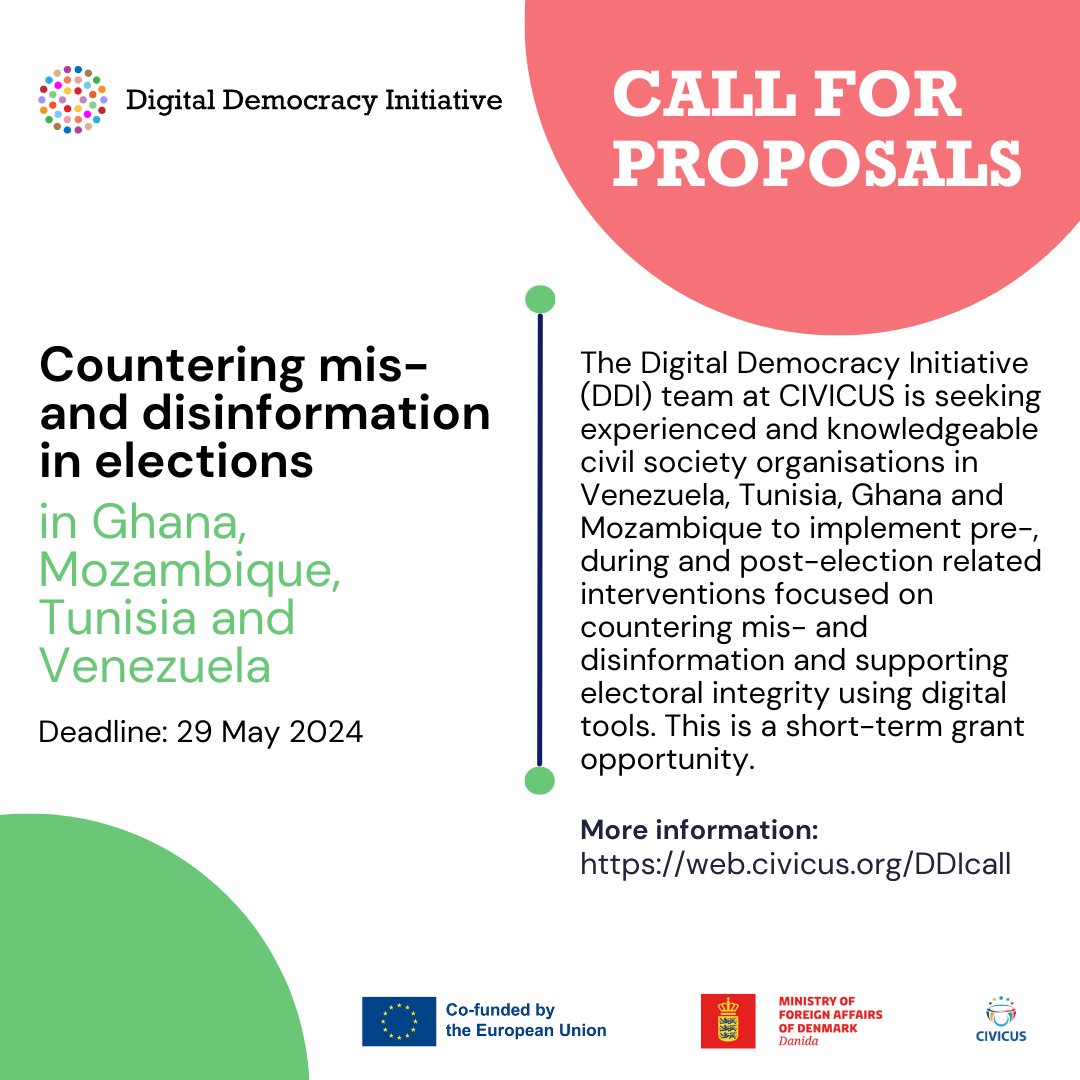 📢Call for proposals: We're looking for civil society orgs. in Ghana, Mozambique, Tunisia & Venezuela to lead initiatives countering mis- & disinformation & support electoral integrity using digital tools in upcoming elections. #DDI Apply before 29 May: web.civicus.org/DDIcall