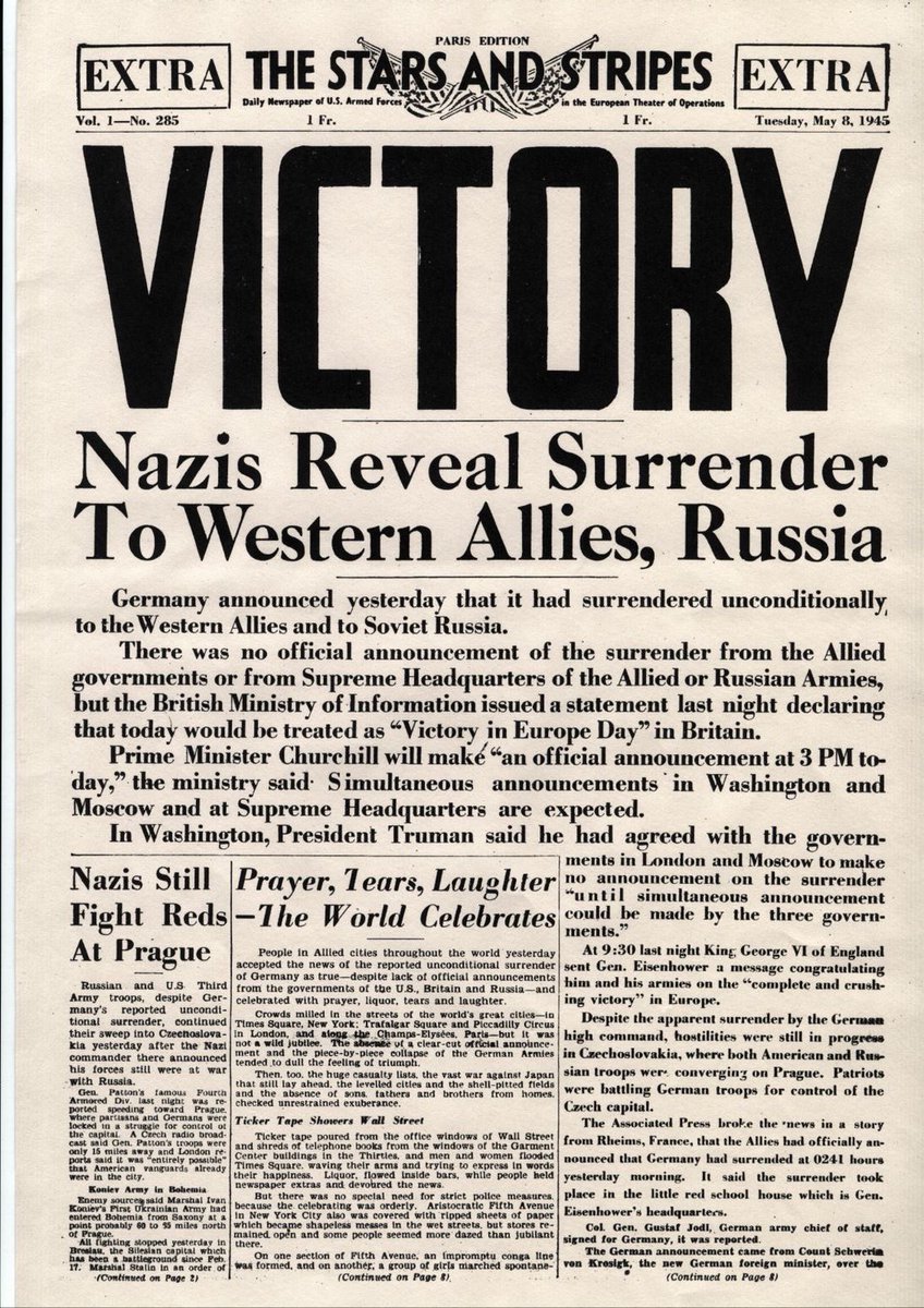 Today is the anniversary of V-E Day. Here is a Stars and Stripes extra from May 8, 1945.