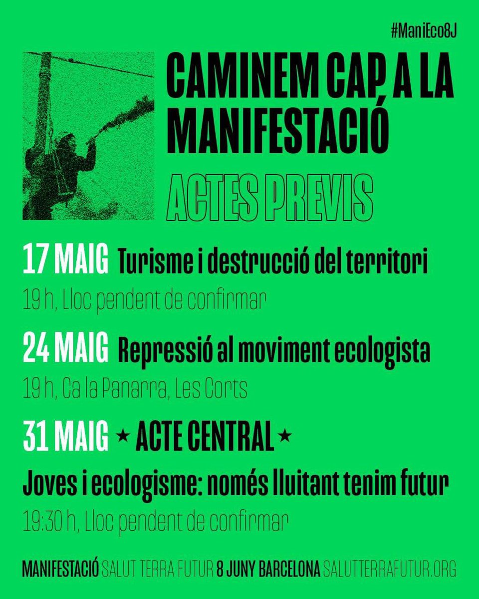 🟢 Queda 1 mes per la #ManiEco8J! Durant aquest mes, farem actes previs a Barcelona per explicar els motius que ens han portat a unir-nos i convocar la manifestació del 8 de juny contra la crisi ecosocial i per defensar la nostra salut, terra i futur.