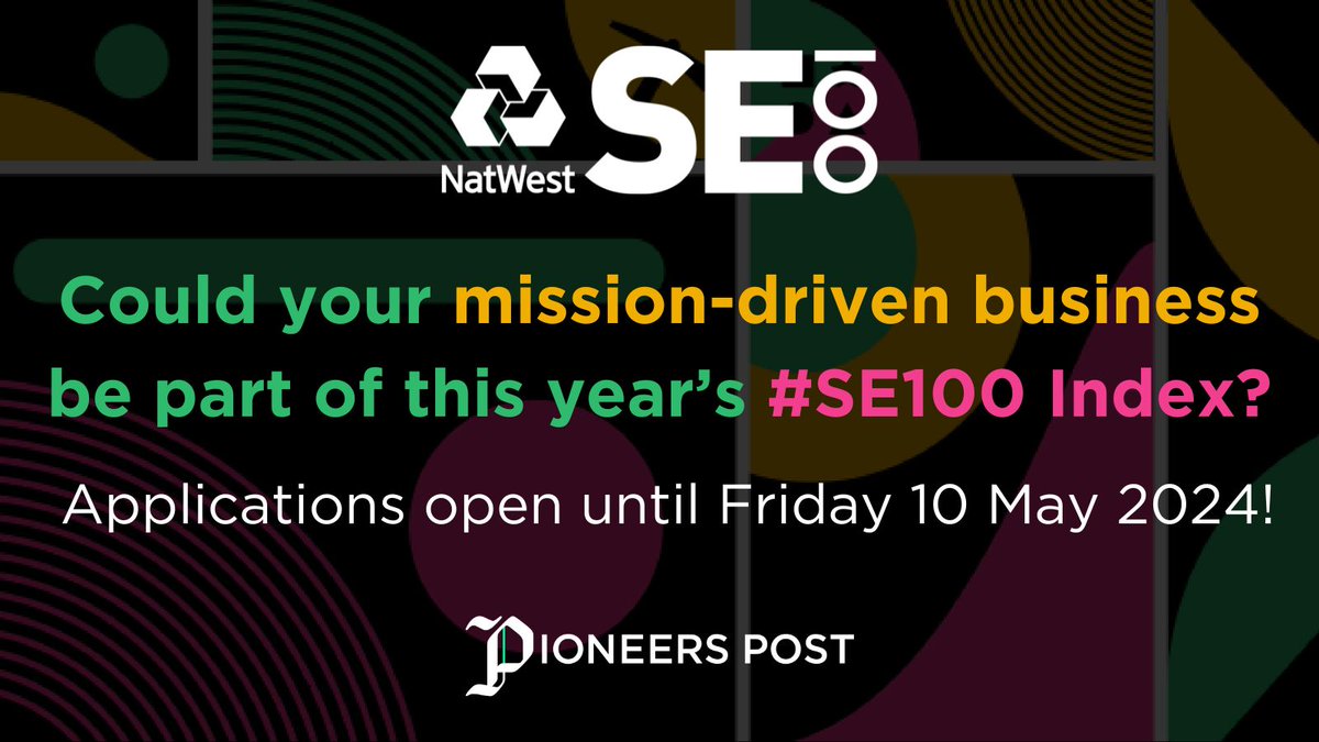 Due to the bank holiday weekend & requests from our community, we’re keeping applications for the NatWest #SE100 Awards open until the end of this week! The final deadline will be midnight, Friday 10 May. Get your submission in at: pioneerspost.com/news-views/202… @soccomcap