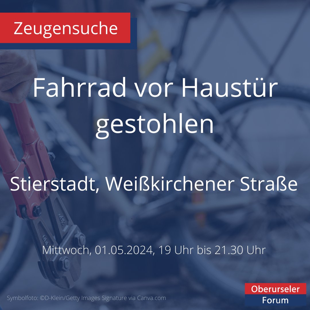 Fahrrad vor Haustür gestohlen - Zeugen gesucht

Stierstadt, Weißkirchener Straße, Mittwoch, 01.05.2024, 19 Uhr bis 21.30 Uhr

Infos: obu.li/f3ej

#Zeugensuche #Oberursel #Stierstadt