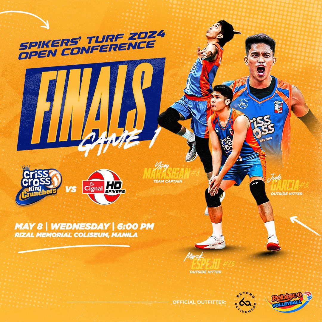 The Criss Cross King Crunchers are ready for game 1 of the Spikers’ Turf Finals! Watch the action-packed game later at 6 pm at the Rizal Memorial Coliseum! #crisscrosskingcrunchers #teamrebisco #spikersturf2024