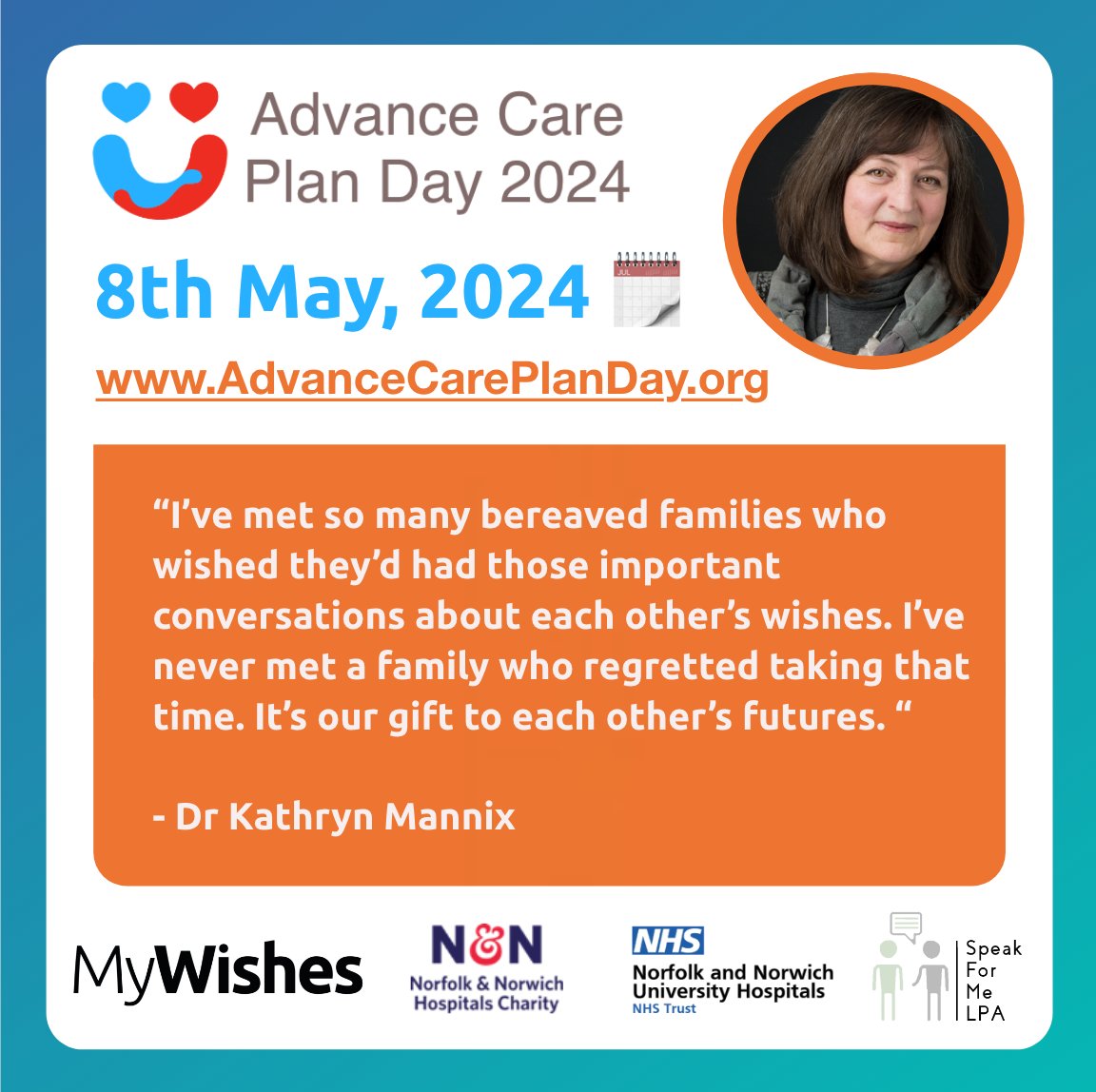 Don't wish you'd talked.
Don't wish you'd planned.
Today is #AdvanceCarePlanDay

advancecareplanday.org

✔️Future you will benefit.
✔️Your supporters won't have to guess.
✔️Your care is more likely to match your wishes.

The way we talk about dying matters.
#DyingMattersWeek